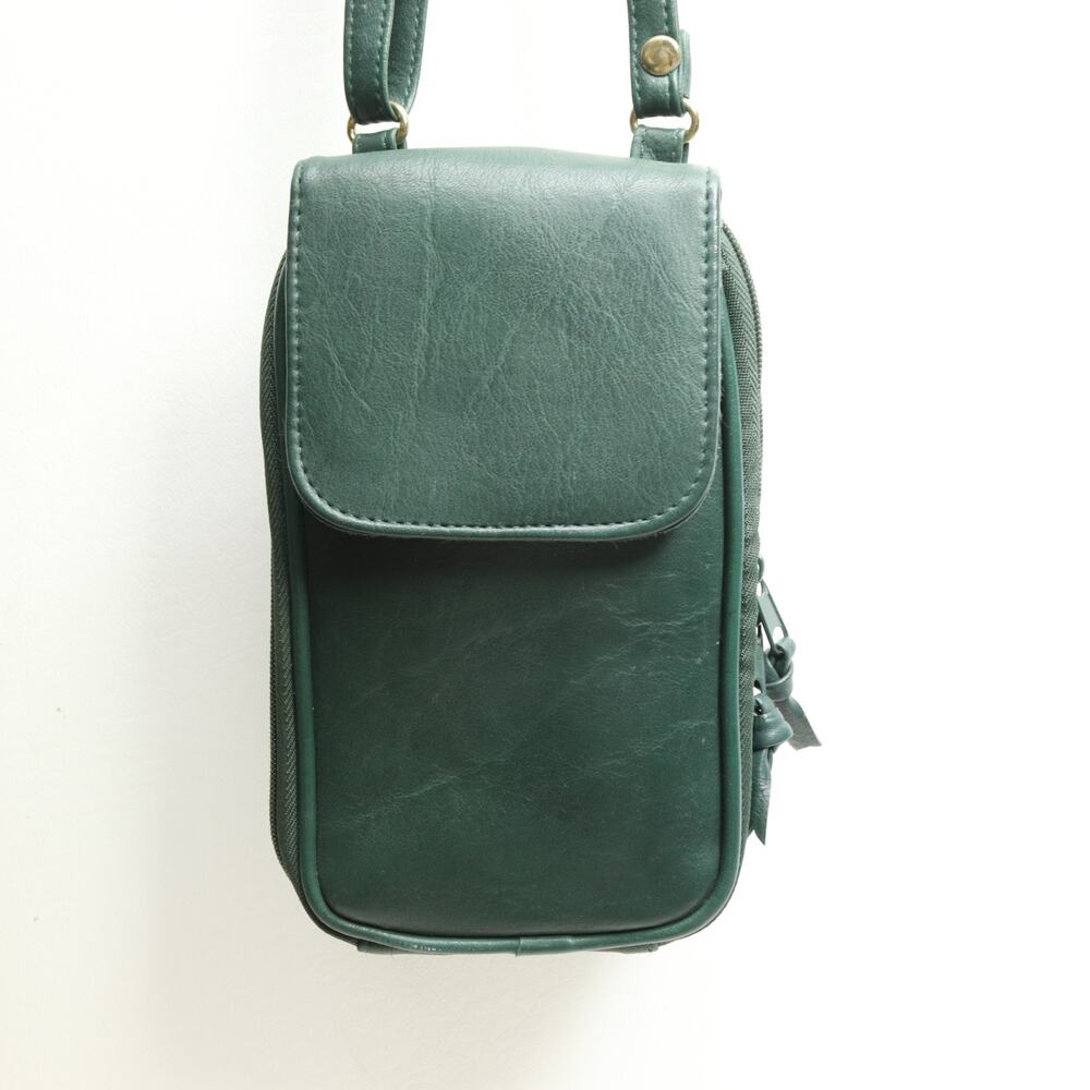 Vtg Koltov Crossbody Handbag S Green Faux Leather Organizer ID Cards Purse Bag